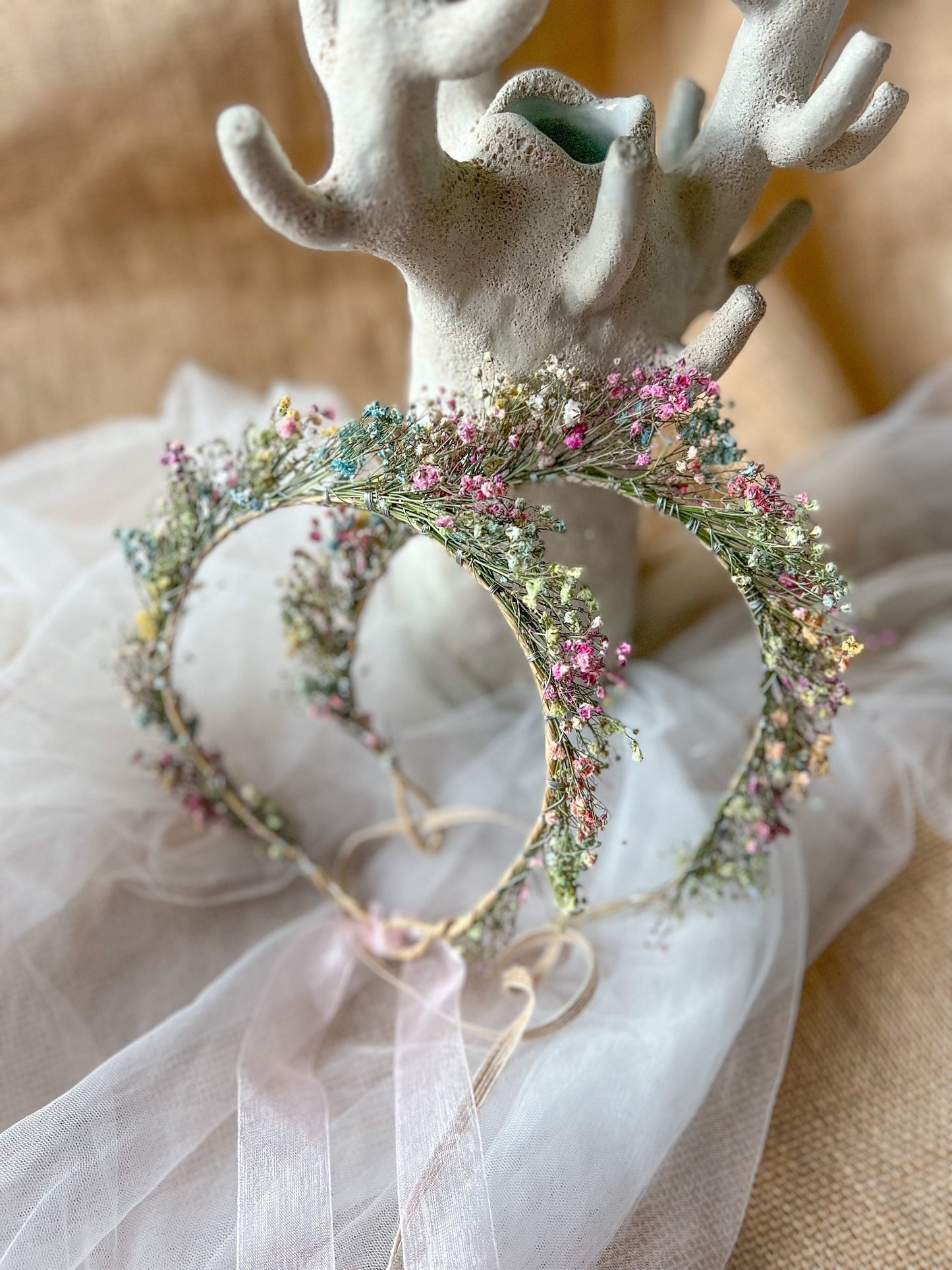 Rainbow Flower Wreath, Colourful Babys Breath Flower Girl Halo Crown Gypsophila, Dried Real Flower Hair Accessories, Floral Hair Piece