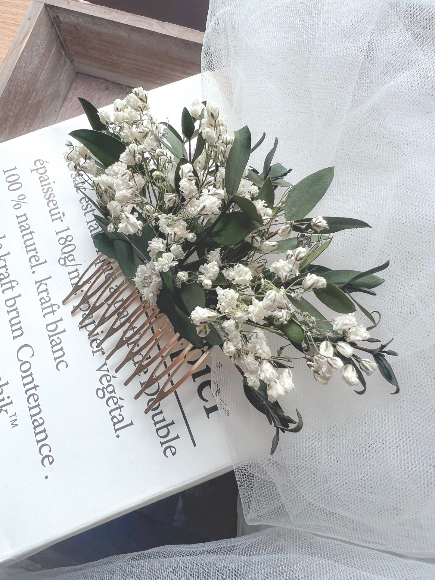 Gypsophila and Greenery Dried Flower Comb White for Brides, Wedding Babys Breath Floral Hair Slides, Bridal Hair Accessories with Eucalyptus
