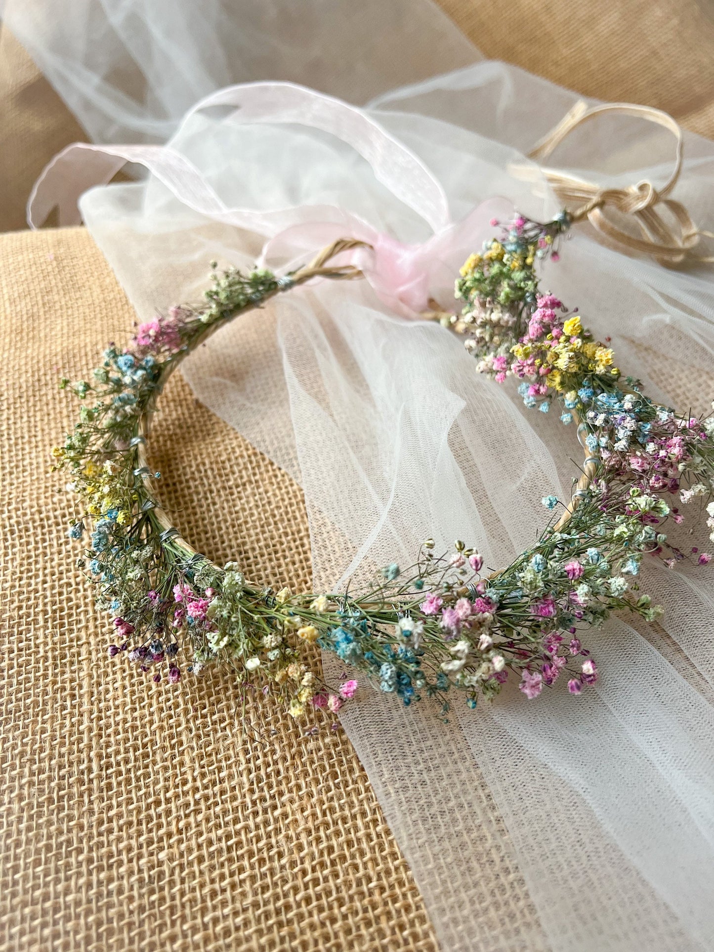 Rainbow Flower Wreath, Colourful Babys Breath Flower Girl Halo Crown Gypsophila, Dried Real Flower Hair Accessories, Floral Hair Piece