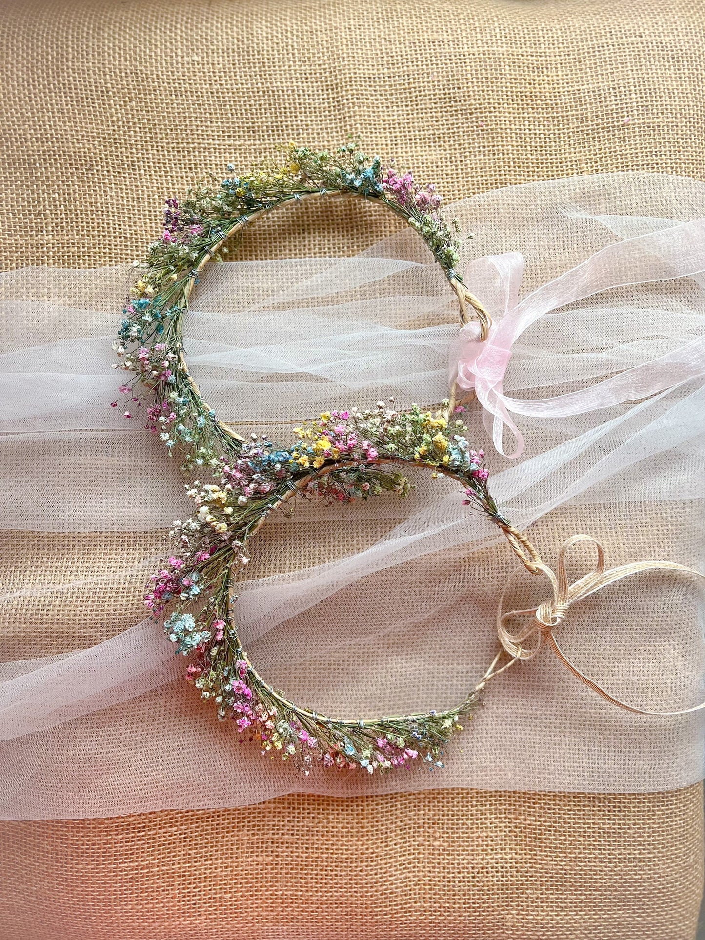 Rainbow Flower Wreath, Colourful Babys Breath Flower Girl Halo Crown Gypsophila, Dried Real Flower Hair Accessories, Floral Hair Piece