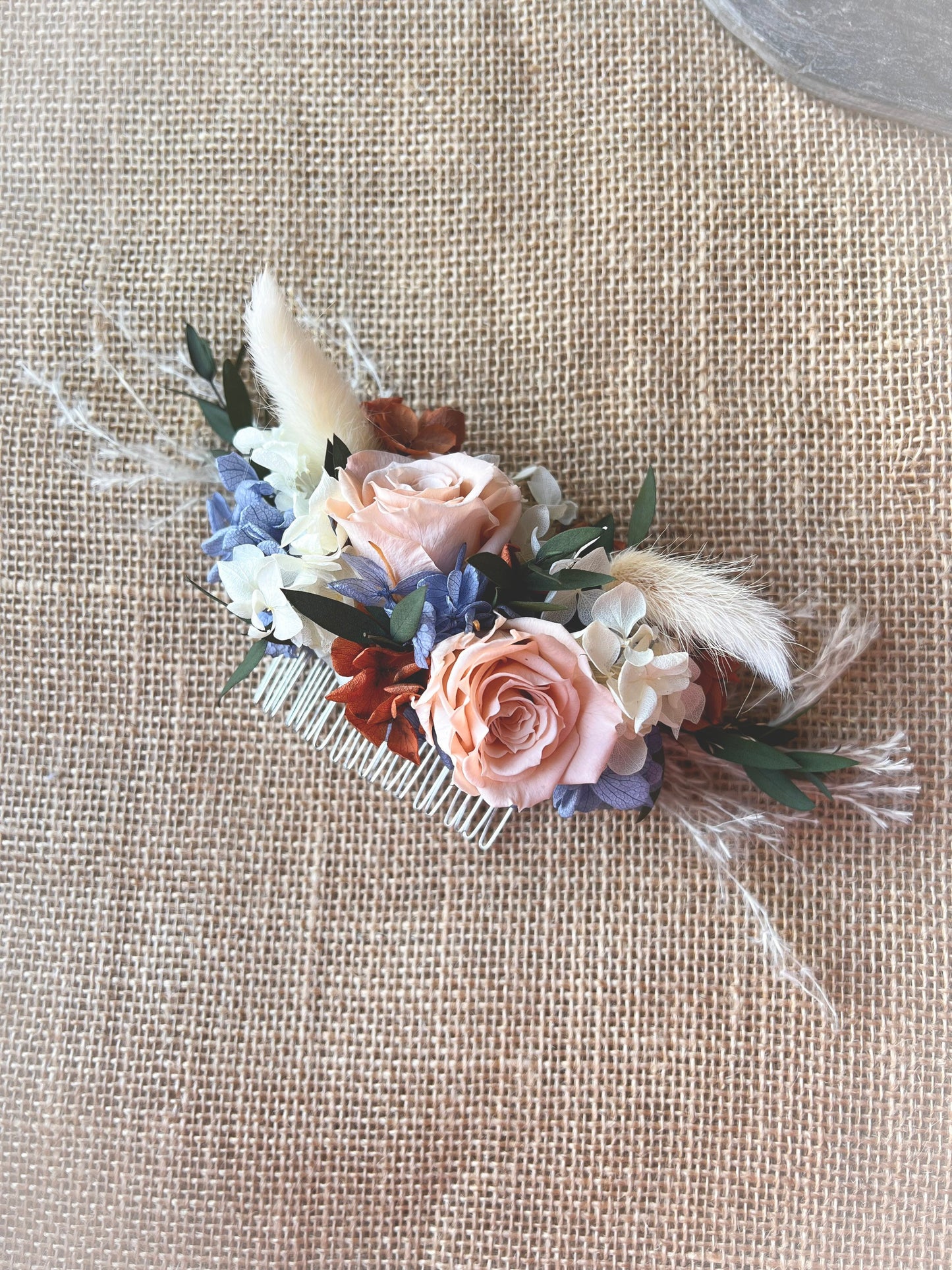 Boho Rustic Wedding Bridal Hair Piece, Dried Flower Rose Hair Comb, Everlasting Floral Headpiece Blue Peach Orange