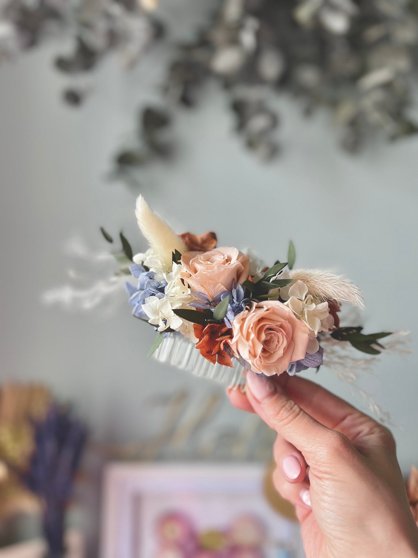 Boho Rustic Wedding Bridal Hair Piece, Dried Flower Rose Hair Comb, Everlasting Floral Headpiece Blue Peach Orange