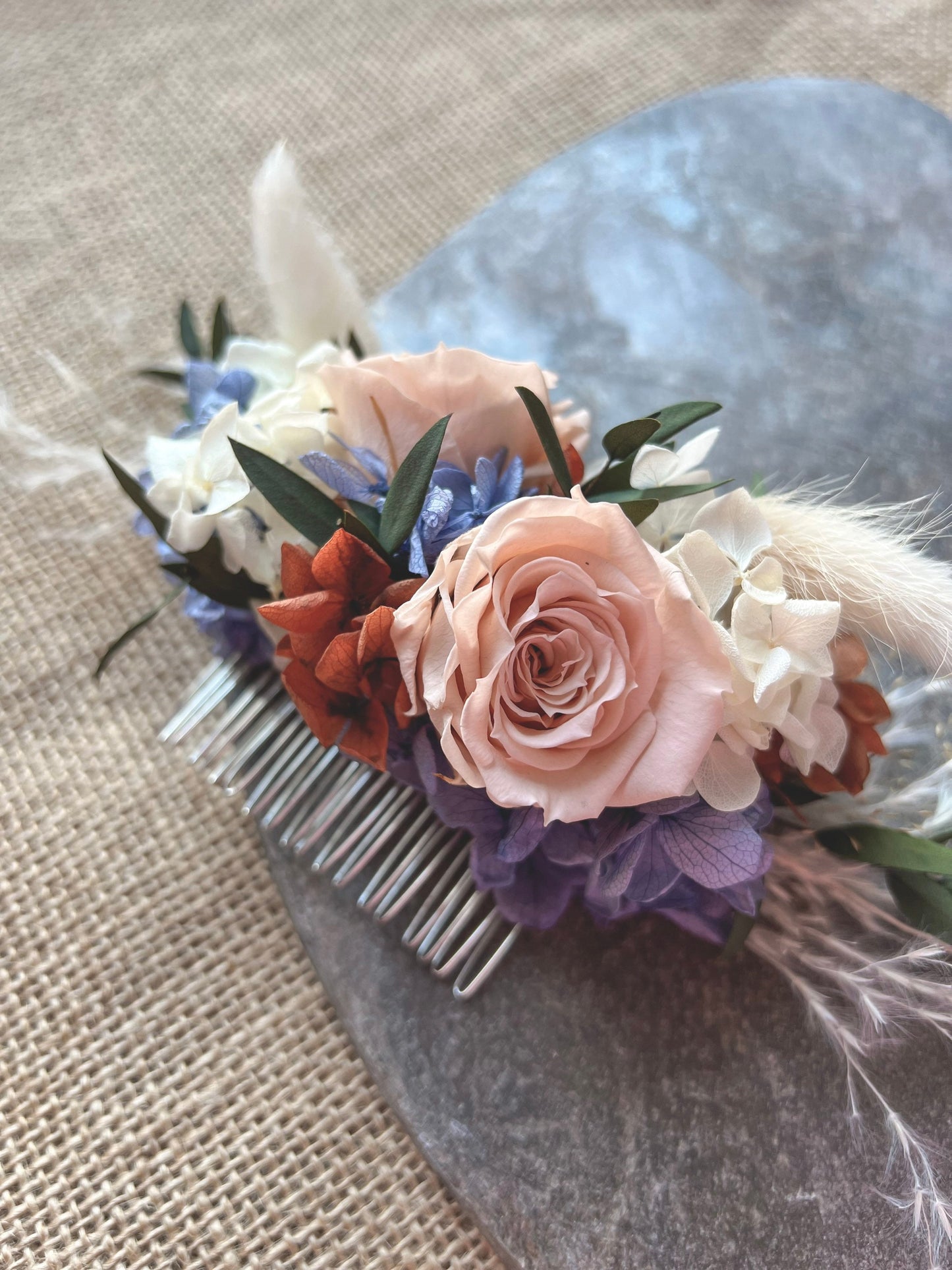 Boho Rustic Wedding Bridal Hair Piece, Dried Flower Rose Hair Comb, Everlasting Floral Headpiece Blue Peach Orange